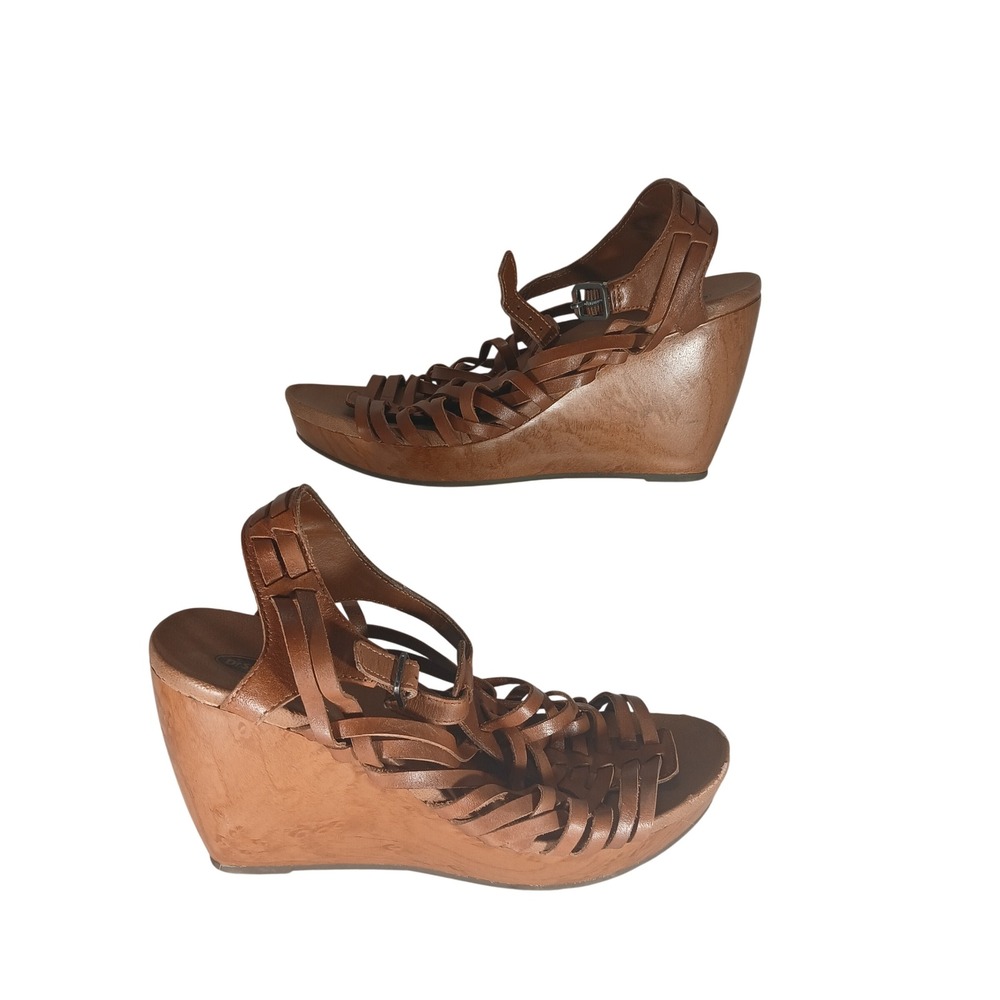 Dr. Scholls Maeve Wedge Sandals 10 Brown Leather Woven Gladiator Boho Earthy
